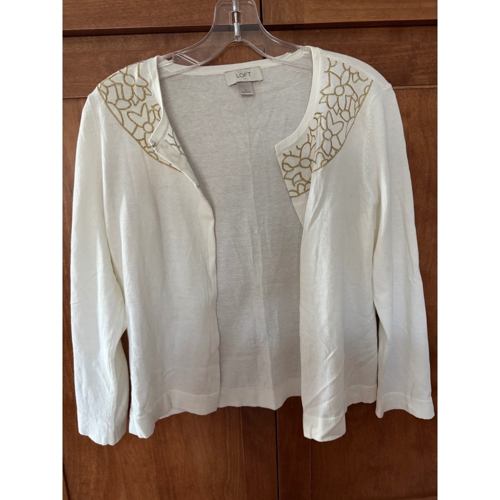 LOFT Ann Taylor White Cotton Cardigan with Gold Floral Embroidery